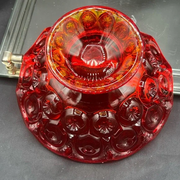 Vintage LE Smith Moon & Stars Ruby Red & Amberina Glass Footed Bowl ~ GLOWS - Picture 9 of 10
